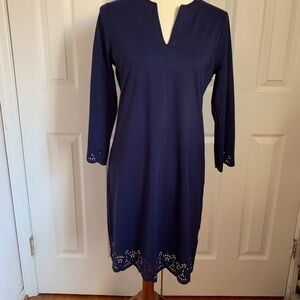 Lands' End Shift Tunic Dress Navy Blue Knit XS Laser Cut 3/4 Sleeve Knee Length